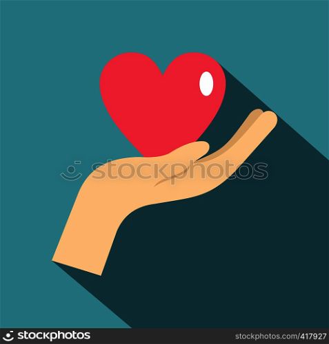 Hand holding a pink heart icon. Flat illustration of hand holding a pink heart vector icon for web isolated on baby blue background. Hand holding a pink heart icon, flat style