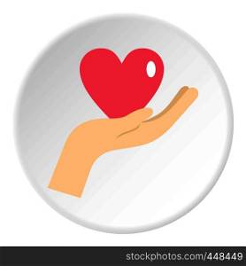 Hand holding a pink heart icon in flat circle isolated vector illustration for web. Hand holding a pink heart icon circle