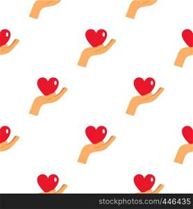 Hand holding a pink heart pattern seamless background in flat style repeat vector illustration. Hand holding a pink heart pattern seamless