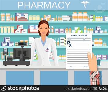 hand holding a prescription rx form. Interior pharmacy or drugstore with female pharmacist at the counter. Medicine pills capsules bottles vitamins and tablets. vector illustration in flat style. hand holding a prescription rx form.