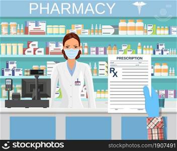 hand holding a prescription rx form. Interior pharmacy or drugstore with female with medical mask. Medicine pills capsules bottles vitamins and tablets. vector illustration in flat style. hand holding a prescription rx form.