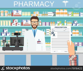 hand holding a prescription rx form. Interior pharmacy or drugstore with male pharmacist at the counter. Medicine pills capsules bottles vitamins and tablets. vector illustration in flat style. hand holding a prescription rx form.