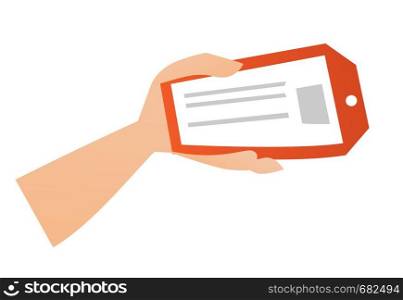 Hand holding a red price tag vector cartoon illustration isolated on white background.. Hand holding a red price tag vector illustration.