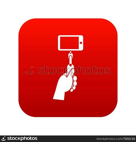 Hand holding a selfie stick with mobile phone icon digital red for any design isolated on white vector illustration. Hand holding a selfie stick with mobile phone icon digital red