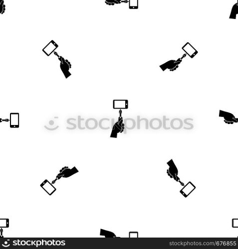 Hand holding a selfie stick with mobile phone pattern repeat seamless in black color for any design. Vector geometric illustration. Hand holding a selfie stick with mobile phone pattern seamless black
