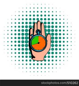 Hand holding a stopwatch icon in comics style on a white background. Hand holding a stopwatch icon, comics style