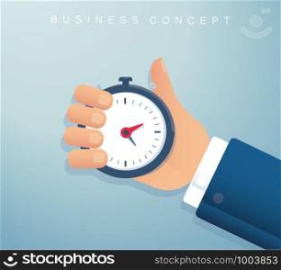 hand holding a stopwatch timer time management background. vector illustration EPS 10