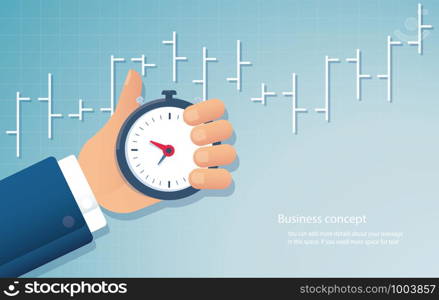 hand holding a stopwatch timer time management background. vector illustration EPS 10