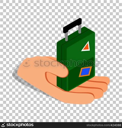 Hand holding a travel suitcase isometric icon 3d on a transparent background vector illustration. Hand holding a travel suitcase isometric icon