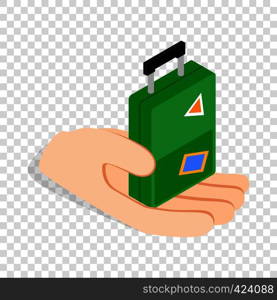 Hand holding a travel suitcase isometric icon 3d on a transparent background vector illustration. Hand holding a travel suitcase isometric icon