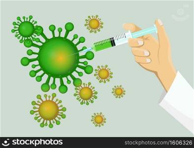 Hand holding a vaccine syringe. injecting COVID-19 Virus pathogen It uses for prevention,immunization and treatment from coronavirus infection  disease 2019,COVID-19,nCoV 2019   Medicine concept. 