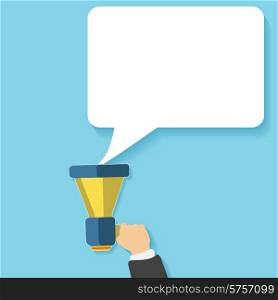 Hand holding a yellow megaphone with white bubble. Business concept of marketing in flat design. White bubble speech in social communication concept