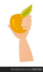 Hand holding an orange apple vector cartoon illustration isolated on white background.. Hand holding an apple vector cartoon illustration.