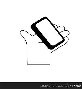 Hand holding and giving phone. Modern communication and device. Mobile smartphone. Modern trendy outline cartoon illustration isolated on white. Hand holding and giving phone.