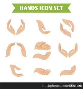 Hand holding and protect gestures icons set isolated vector illustration