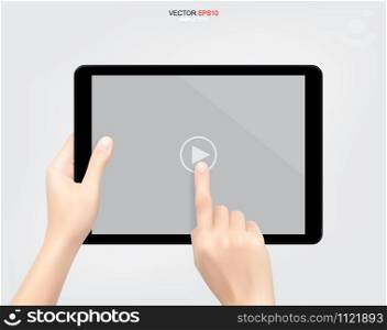 Hand holding and touch screen digital tablet with display of video player symbol. Vector illustration.