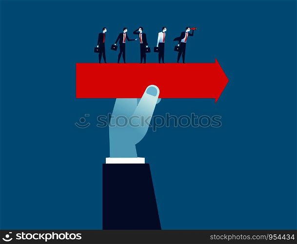 Hand holding arrow with business people standing. Concept business illustration. Vector