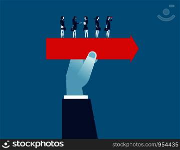 Hand holding arrow with business people standing. Concept business illustration. Vector. Hand holding arrow with business people standing. Concept business illustration. Vector
