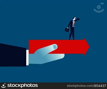 Hand holding arrow with businessman standing. Concept business illustration. Vector. Hand holding arrow with businessman standing. Concept business illustration. Vector