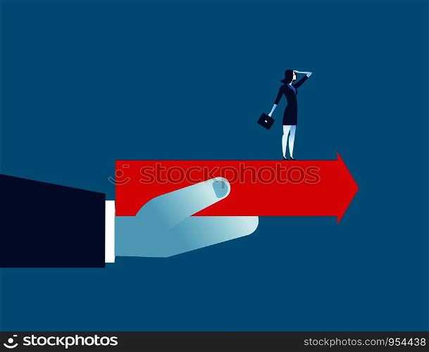 Hand holding arrow with businesswoman standing. Concept business illustration. Vector