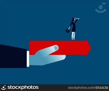 Hand holding arrow with businesswoman standing. Concept business illustration. Vector