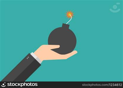 hand holding ball bomb . Bomb ready to explosion. vector illustration flat design