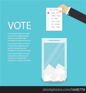Hand holding ballot page, ballot box and place for text,referendum or election concept,flat vector illustration