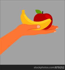 Hand holding banana and apple, healthy food, vector isolated illustration. Hand holding banana and apple