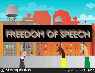 Hand holding banner with Freedom of Speech text. Man showing billboard. Free journalism, no Censorship concept.
