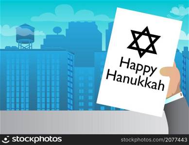 Hand holding banner with Happy Hanukkah text. Man showing billboard, sign. Holiday, celebration advertisement, announcement message.