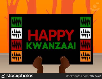 Hand holding banner with Happy Kwanzaa! text. Man showing billboard. Holiday, Celebration sign.