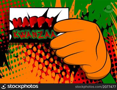 Hand holding banner with Happy Kwanzaa! text. Man showing billboard. Holiday, Celebration sign.