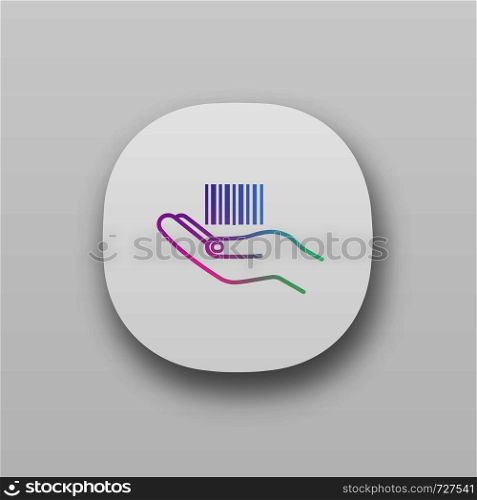 Hand holding barcode app icon. UI/UX interface. One dimensional code. Barcode generator service. Merchandising. Retail. Linear bar code in hand. Web or mobile application. Vector isolated illustration. Hand holding barcode app icon