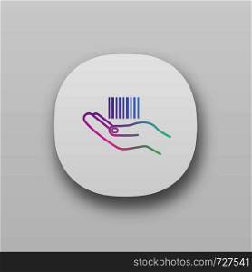 Hand holding barcode app icon. UI/UX interface. One dimensional code. Barcode generator service. Merchandising. Retail. Linear bar code in hand. Web or mobile application. Vector isolated illustration. Hand holding barcode app icon