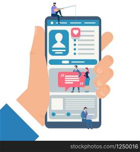 Hand Holding Big Smartphone with Young Men and Women Communicating in Internet Using Mobile App. Guys and Girls Messaging in Social Media Application, Network Profile. Cartoon Flat Vector Illustration. Young Men and Women Communicating in Internet