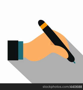 Hand holding black pen icon. Flat illustration of hand holding black pen vector icon for web on white background. Hand holding black pen icon, flat style