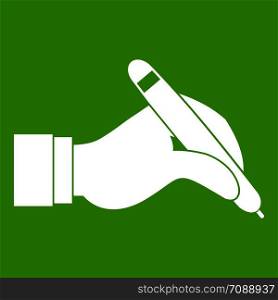Hand holding black pen icon white isolated on green background. Vector illustration. Hand holding black pen icon green