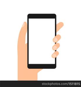 Hand holding black smartphone. Blank white screen Vector EPS 10. Hand holding black smartphone. Blank white screen. Vector EPS 10