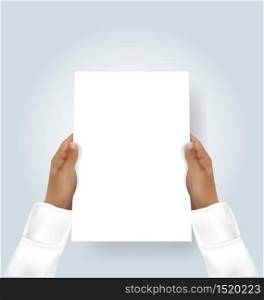 Hand holding blank a4 flyer invitation mock-up. Vector illustration