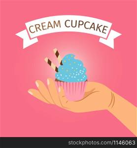 Hand holding blue cream cupcake, vector illustration with pink background. Hand holding blue cream cupcake
