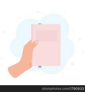 Hand holding book. Literacy day concept. Reading concept. Vector illustration