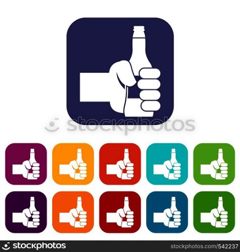 Hand holding bottle of beer icons set vector illustration in flat style in colors red, blue, green, and other. Hand holding bottle of beer icons set