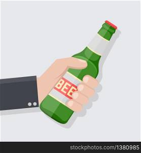 Hand holding bottle of beer in flat style. Concept for beer festivals and parties. Cheers. Vector stock.