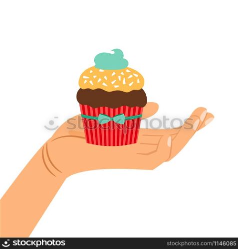Hand holding brown and yellow chocolate cupcake gift, isolated vector illustration. Hand holding chocolate cupcake gift