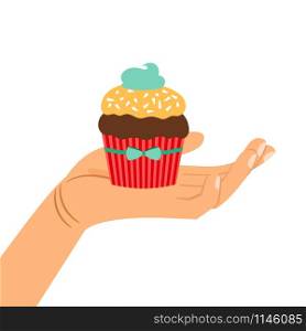 Hand holding brown and yellow chocolate cupcake gift, isolated vector illustration. Hand holding chocolate cupcake gift