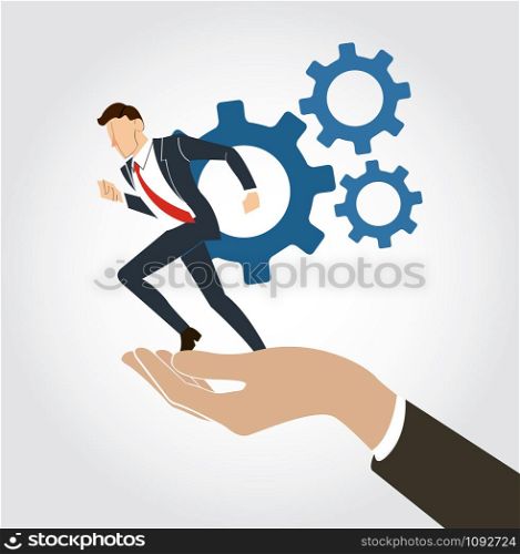 hand holding Businessman running with gear vector