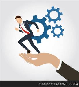 hand holding Businessman running with gear vector