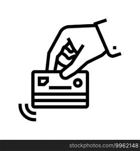 hand holding card with contactless payment chip line icon vector. hand holding card with contactless payment chip sign. isolated contour symbol black illustration. hand holding card with contactless payment chip line icon vector illustration