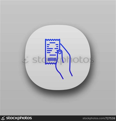 Hand holding cash receipt app icon. Paper check. Bill. UI/UX user interface. Web or mobile application. Vector isolated illustration. Hand holding cash receipt app icon