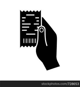 Hand holding cash receipt glyph icon. Paper check. Bill. Silhouette symbol. Negative space. Vector isolated illustration. Hand holding cash receipt glyph icon